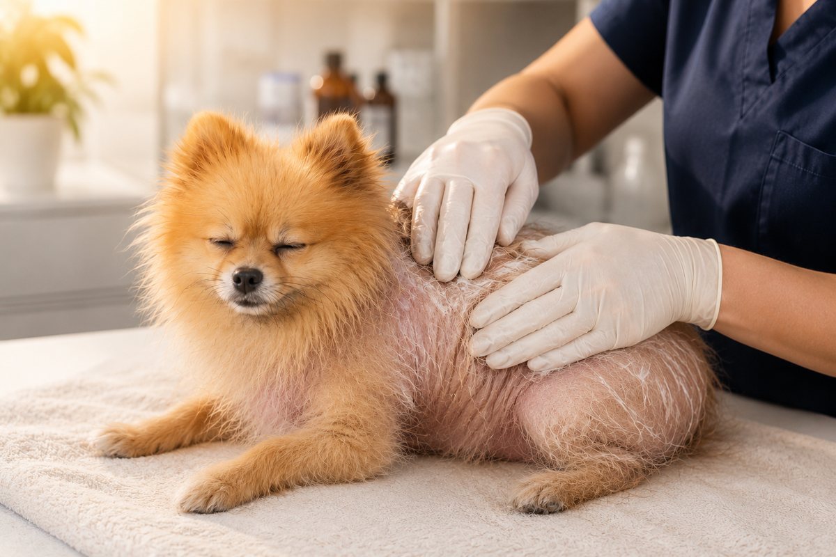A calm dog receiving gentle skin and coat therapy from a veterinary professional