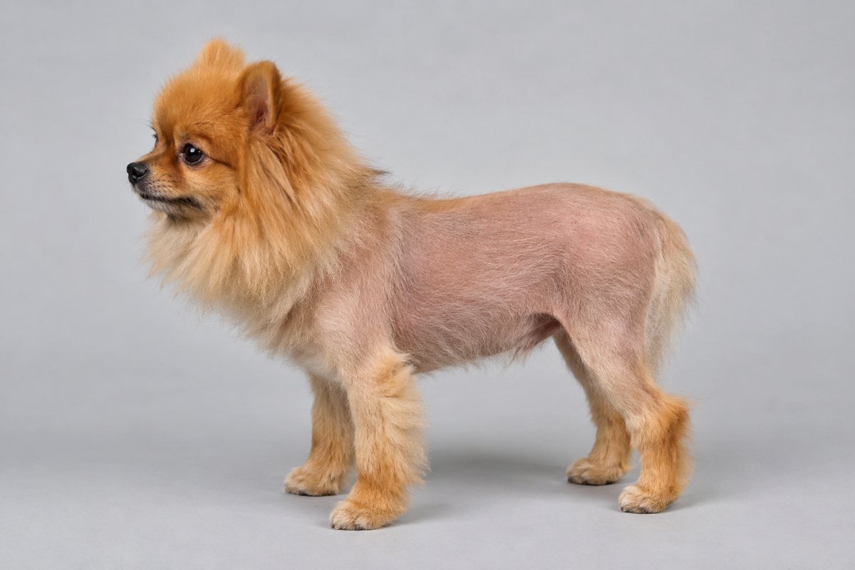 Side profile of a Pomeranian showing the classic Alopecia X pattern, with a fluffy head and legs but a thinned coat over the body